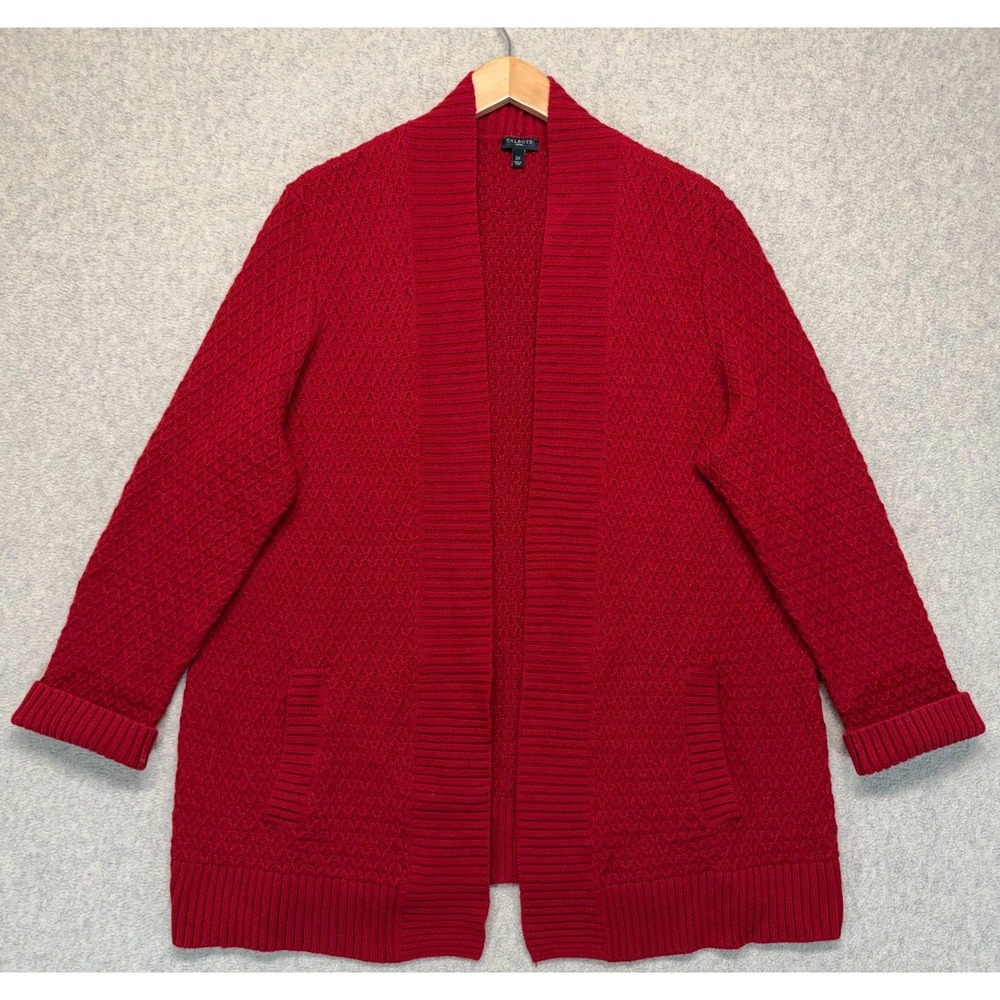 Talbots Womens Cardigan Sweater Red Long Sleeve Open Front Ribbed Knitted‎ 2X